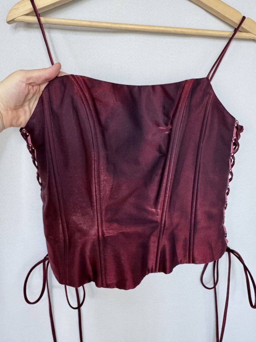 90s Vintage Rebecca U.S.A. Burgundy Side Seam Jeweled Lace Up Corset Top Small